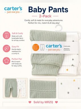 Carter's 2-Pack Ribbed Sage Green & White Star Baby Pants